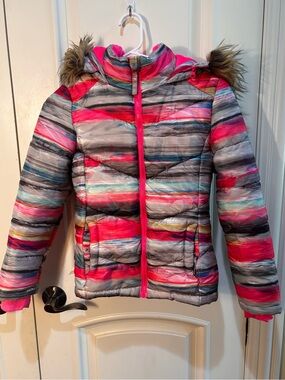 SO Girls Striped Puffer Jacket Hood Faux Fur Trim Full Zip Pockets M 10 see Desc